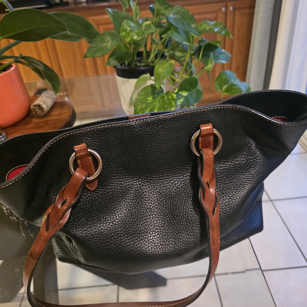Dooney & Bourke Tammy Black Pebbled Leather Tote with Brown Trim. - Picture 2 of 8